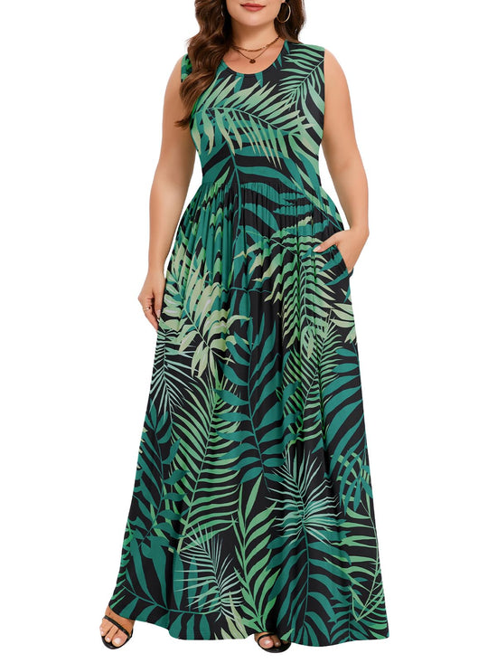 Plus Size Summer Dresses for Women Casual Sleeveless Crewneck Pleated Flowy Beach Long Dress with Pockets