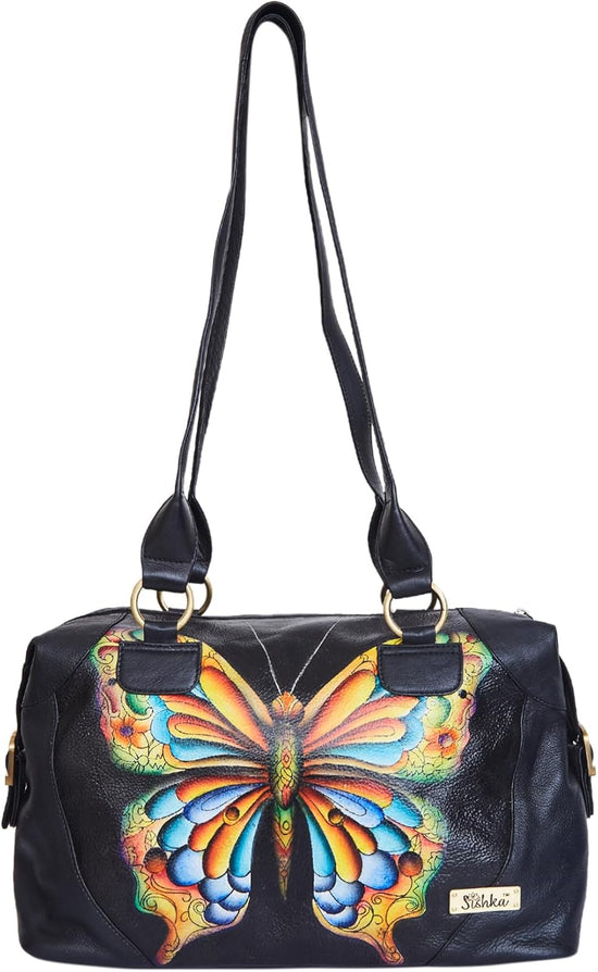 Hand-Painted Leather Tote Bag for Women – Artistic Satchel Handbag, Top Handle Tote & Shoulder Purse with Zipper