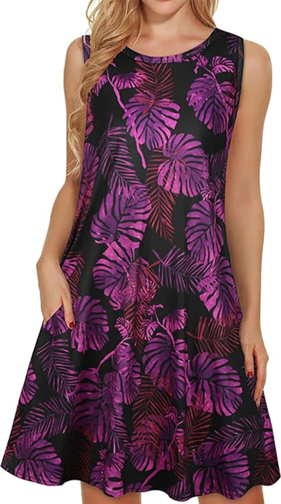 elescat Summer Dresses for Women Tank Floral Sundress Sleeveless Pockets Casual Loose Sun Dress